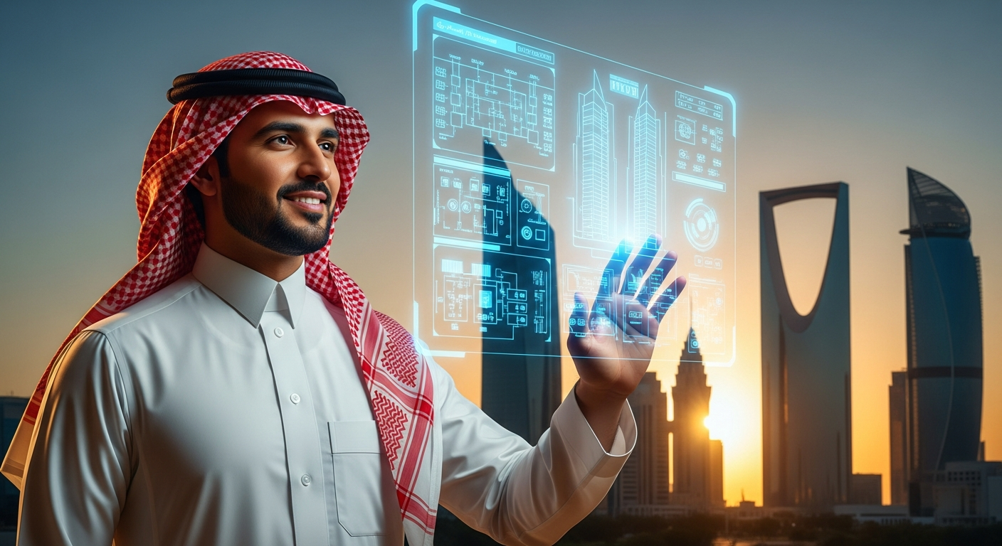 Saudi engineer using an advanced building automation system interface with the modern Riyadh skyline, symbolizing the evolution of smart buildings in the KSA.